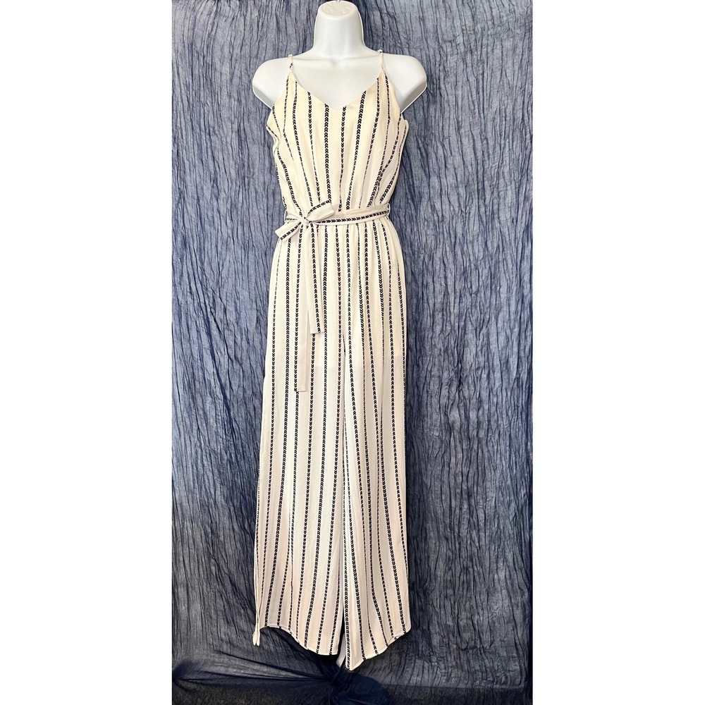One Clothing Los Angeles Boho Chic Resortwear White Striped Wide Leg Jumpsuit Sm